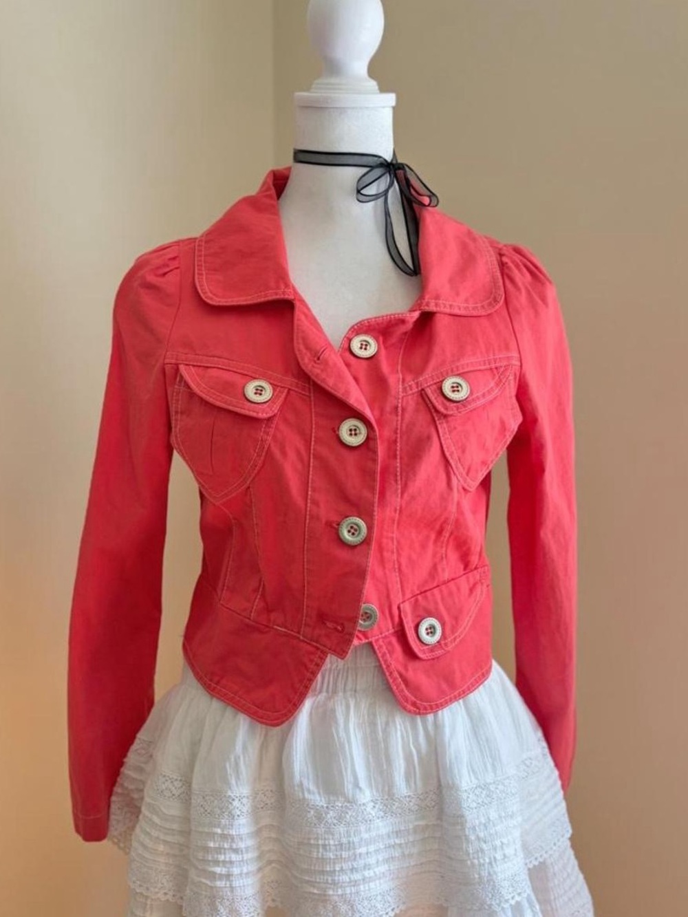 Vintage Y2K coral pink babydoll collar cropped jacket lolita twee preppy girl 16